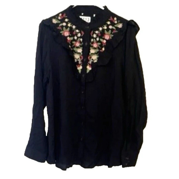 Andree Women’s Black Embroidered L Floral Top Western Peasant Retro Embroidered - Picture 8 of 8